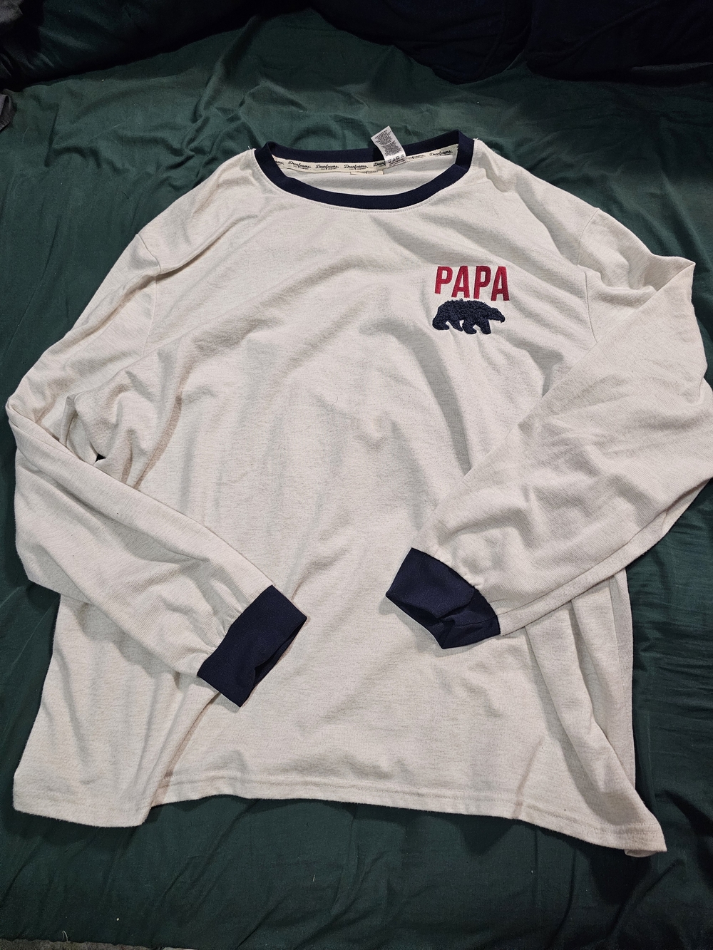 dearfoams Cream Long Sleeve Ringer Shirt with Navy Trim and Red 'PAPA' Print